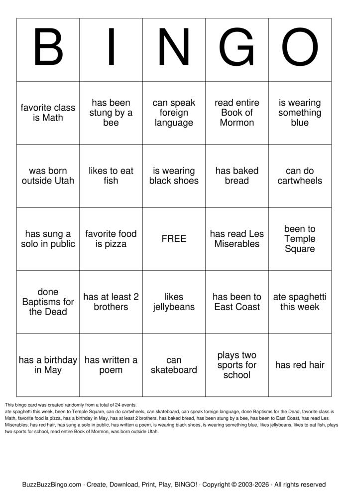 Download Free LDS YOUTH BINGO Bingo Cards Download Free LDS YOUTH BINGO Bingo Cards
