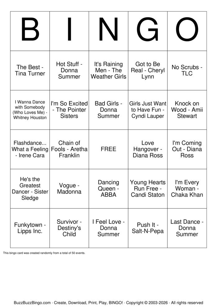 Download Free Ladies Night Top 50 Bingo Cards