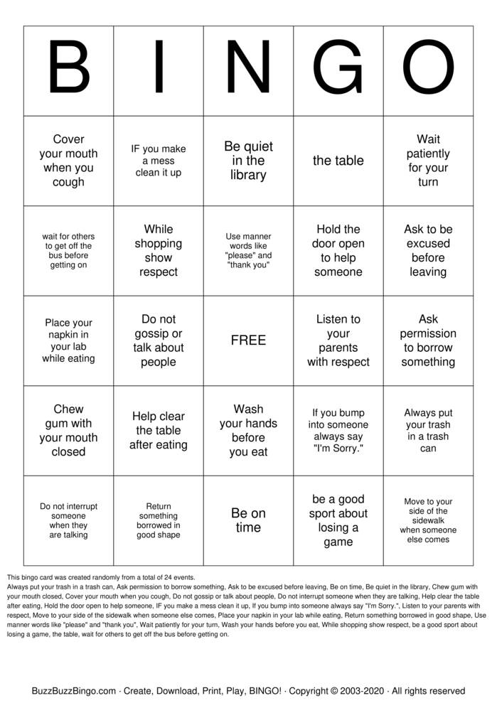MANNERS Bingo Cards to Download, Print and Customize!