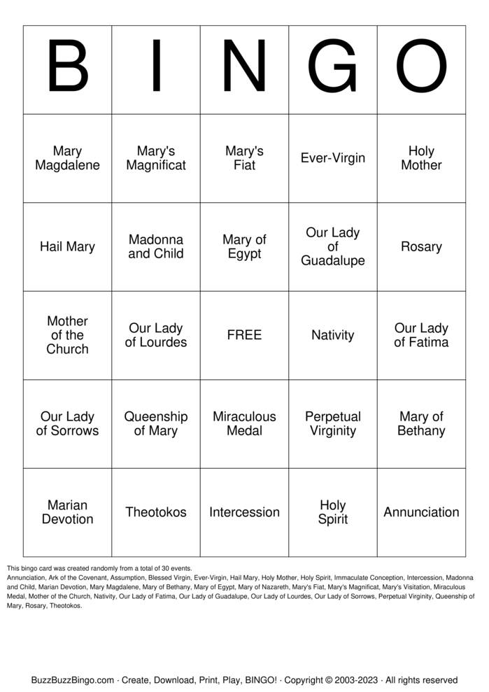 Download Free Mary, Mother of Jesus Religious Bingo Cards