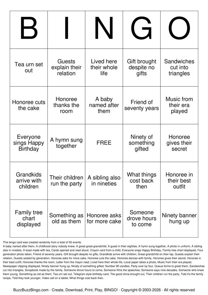 Download Free Milestone 90th Birthday Bingo Cards