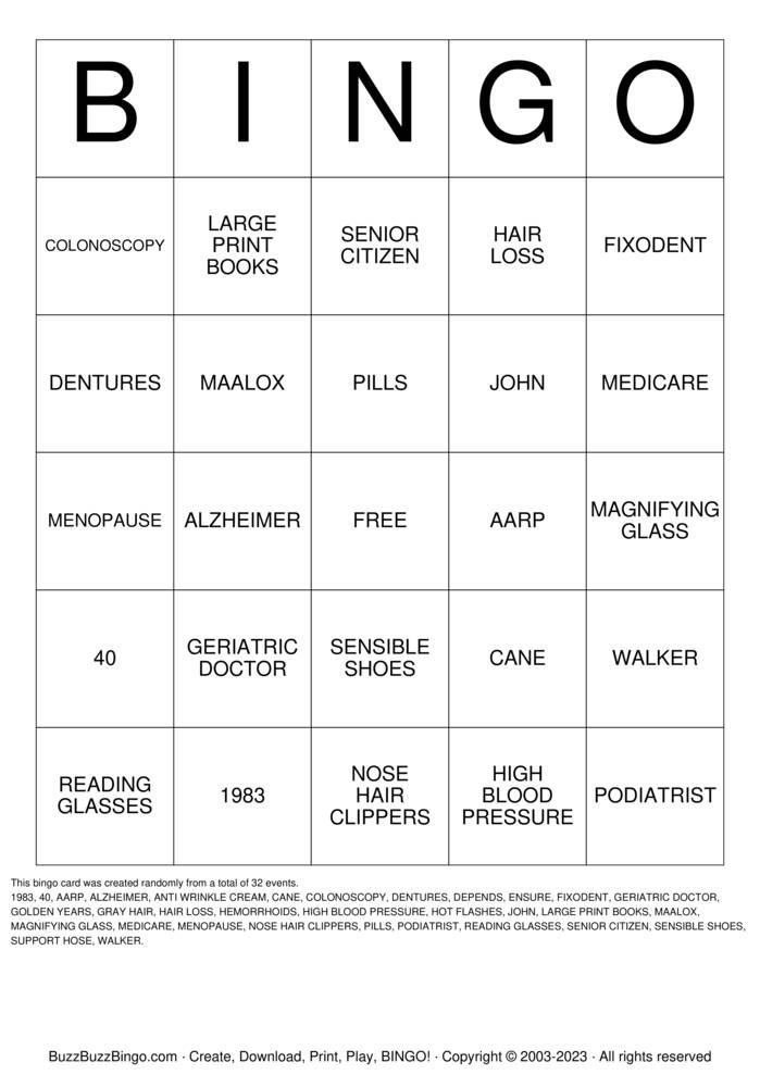 OVER THE HILL Bingo Cards to Download, Print and Customize!