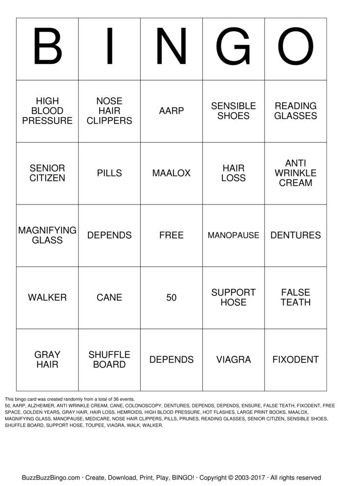 OVER THE HILL Bingo Cards to Download, Print and Customize!