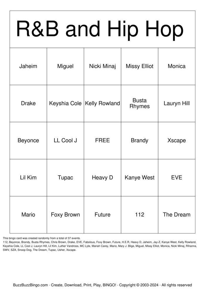 Download Free R&B and Hiphop Bingo Cards