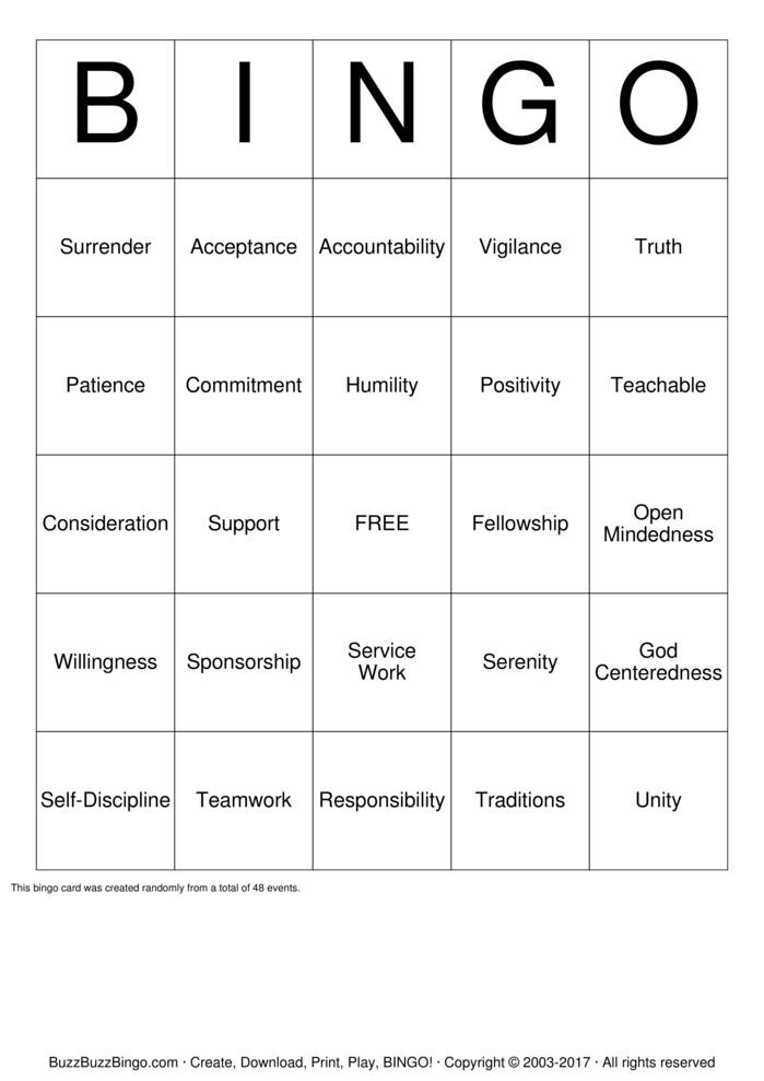 Download Free Recovery Bingo Cards