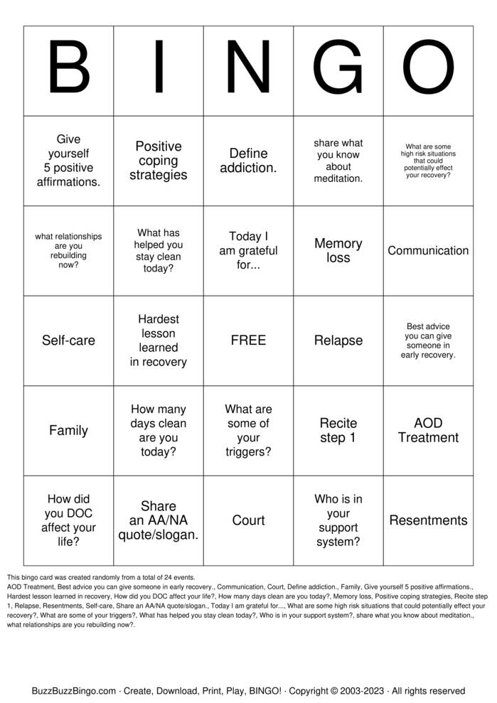 Download Free SOBER Bingo Cards Download Free SOBER Bingo Cards