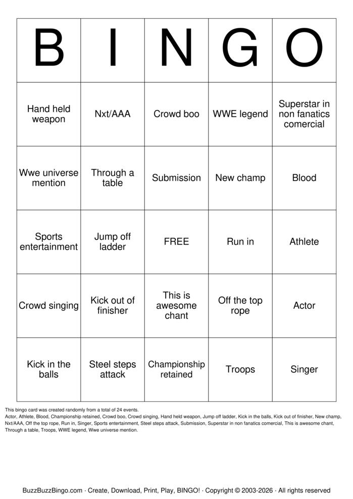 Download Free WWE Bingo Cards