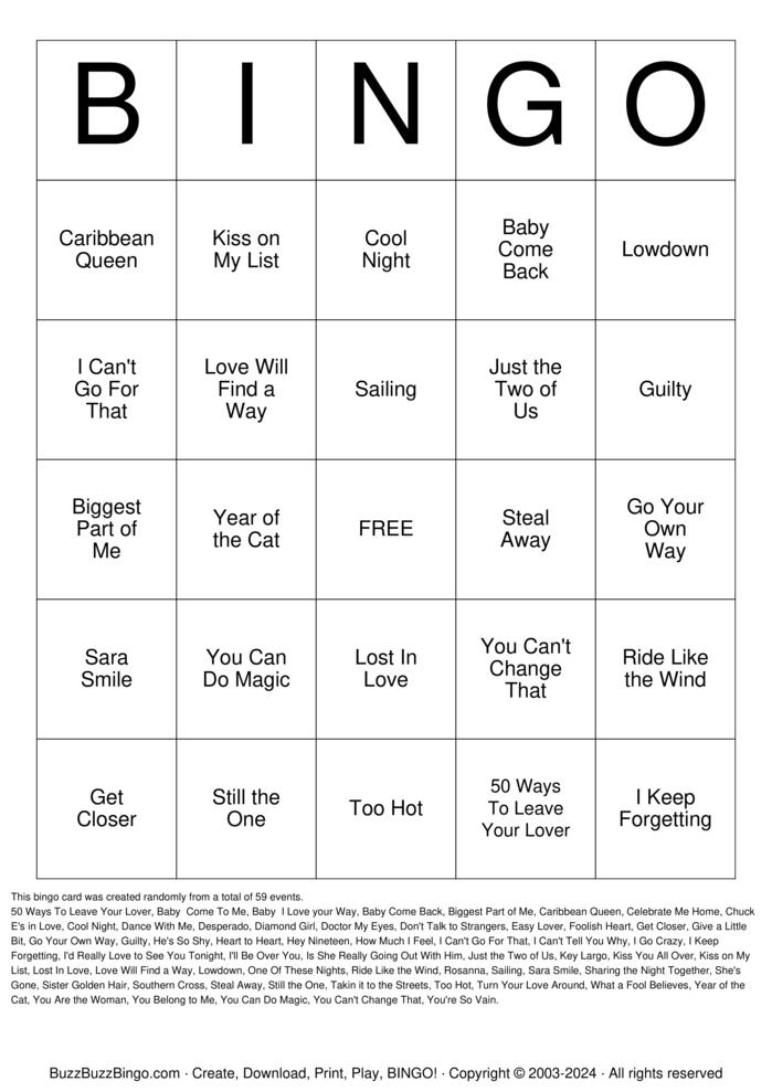 Download Free Yacht Rock Bingo Cards