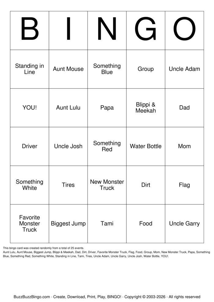 Download Free 2026 Monster Jam Pictures Bingo Cards