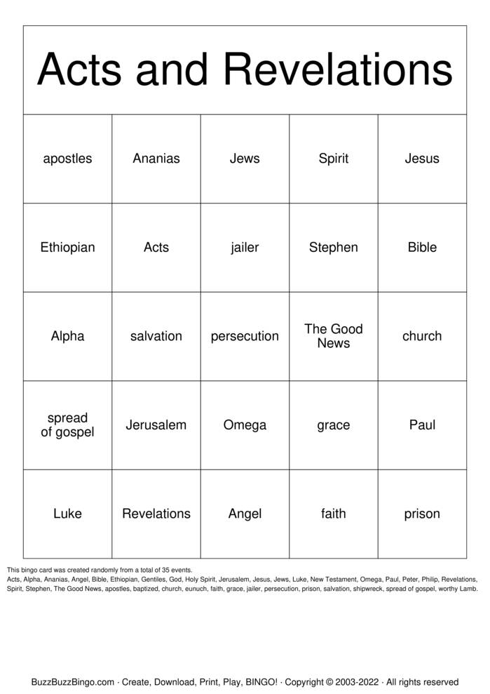 Download Free Acts Bible Bingo Cards