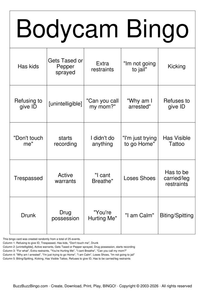 Download Free BODYCAM BINGO Bingo Cards