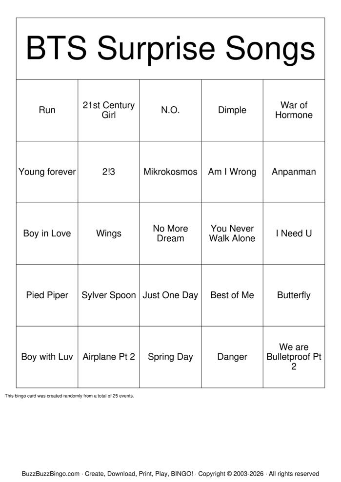 Download Free BTS Music Bingo Bingo Cards