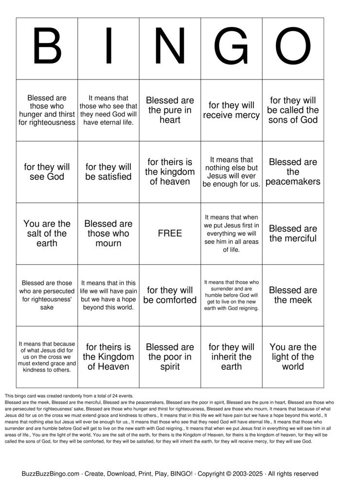 Download Free Beatitudes Bingo Cards Download Free Beatitudes Bingo Cards