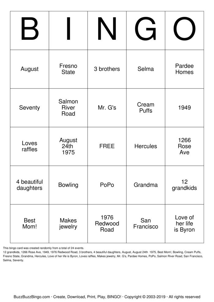 Download Free Bev's 70th Birthday  Bingo Cards