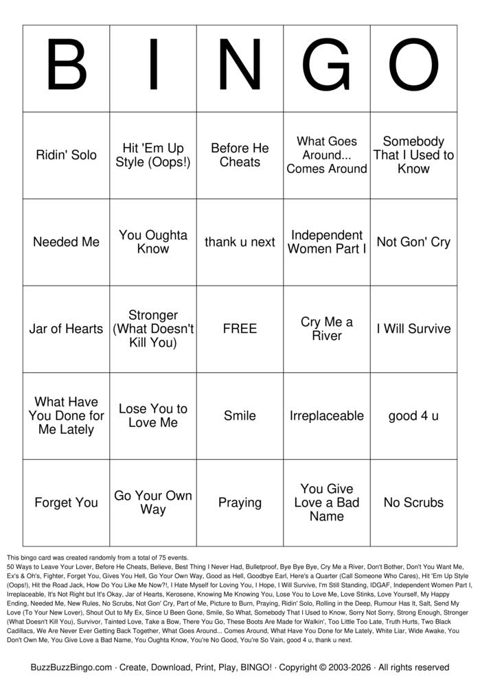 Download Free Breakup Anthems Titles Bingo Cards Download Free Breakup Anthems Titles Bingo Cards