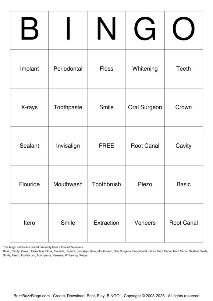 Download Free Dental Bingo Cards