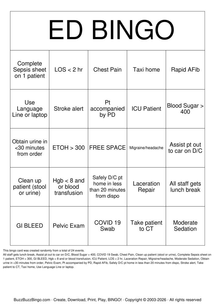 Download Free Emergency Room Bingo Cards