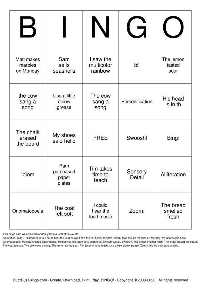 Figurative Language Bingo Cards to Download, Print and Customize!