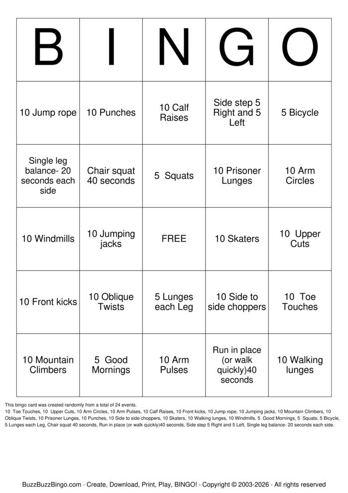 Download Free Fitness Bingo Bingo Cards