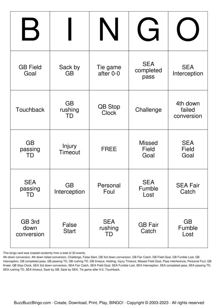 Download Free Football Bingo Cards