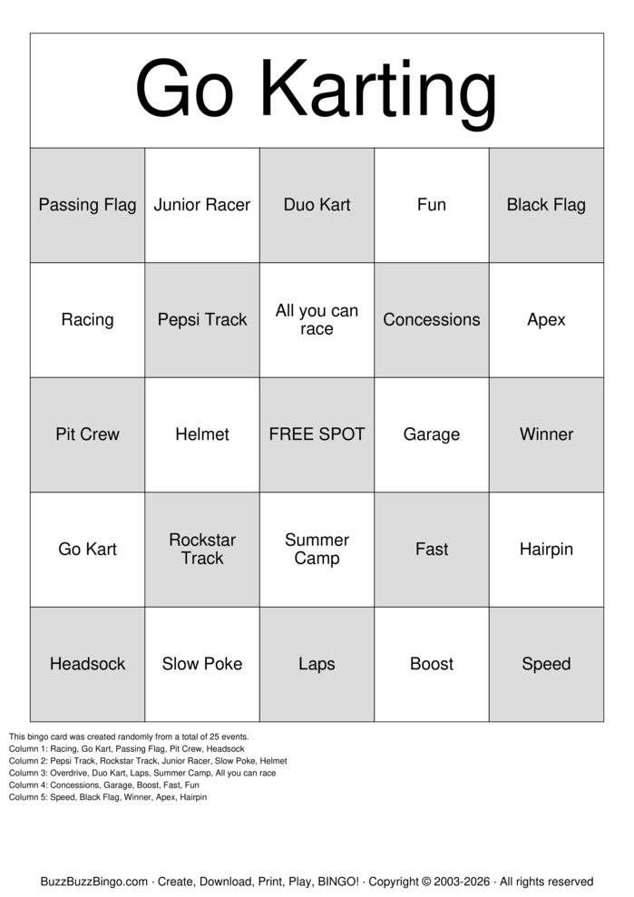 Download Free Go Karting Bingo Cards