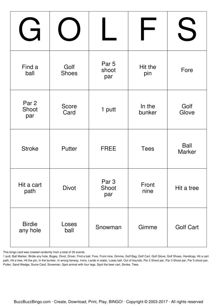 Download Free Golf Bingo Cards