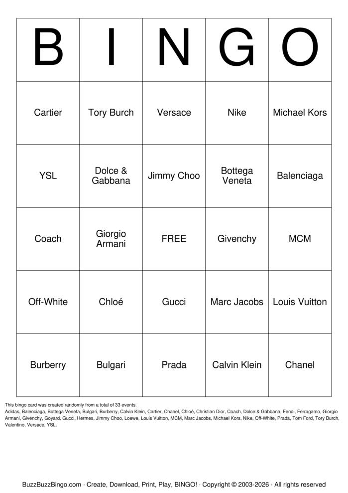 Download Free Handbag Bingo Cards Download Free Handbag Bingo Cards