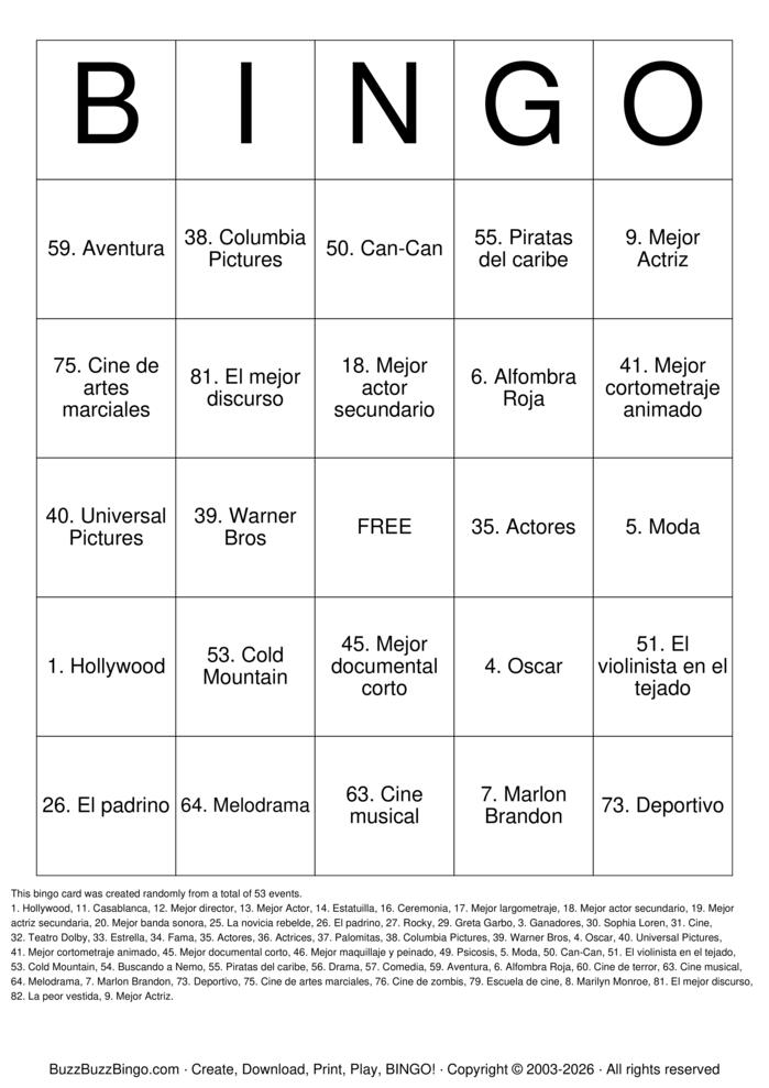 Download Free Hollywood Bingo Cards Download Free Hollywood Bingo Cards