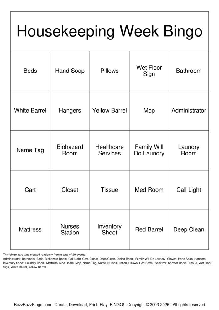 Download Free Housekeeping Week Bingo Cards Download Free Housekeeping Week Bingo Cards