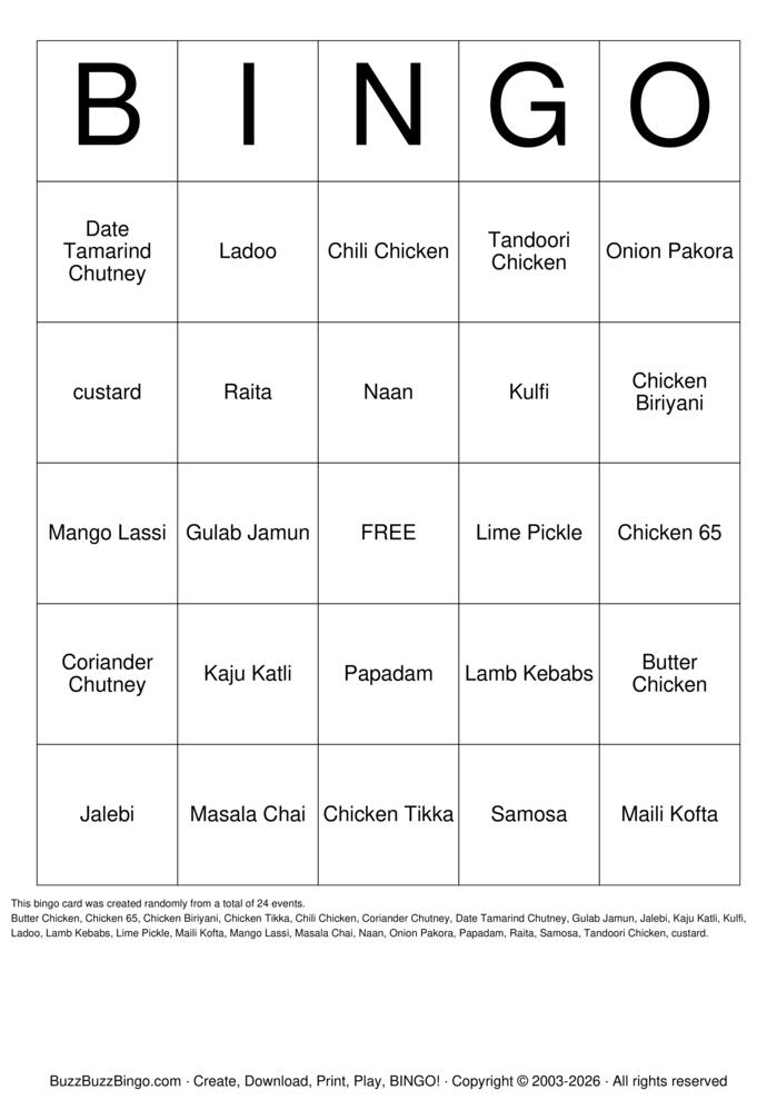 Download Free Indian Food Bingo Cards