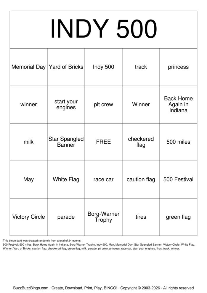 Download Free Indy 500 Bingo Cards