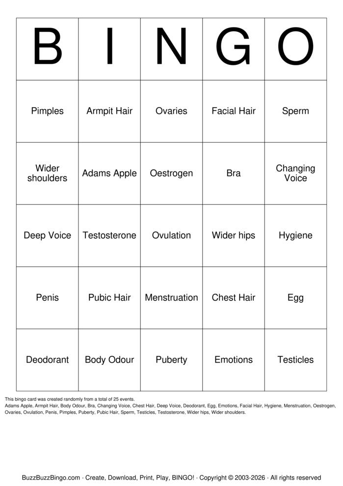 Download Free It's Puberty ! Bingo Cards Download Free It's Puberty ! Bingo Cards