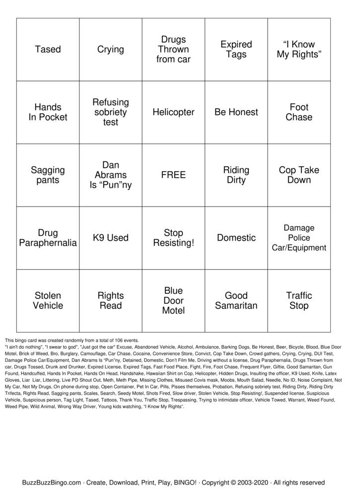 LIVE PD Bingo Cards to Download, Print and Customize!