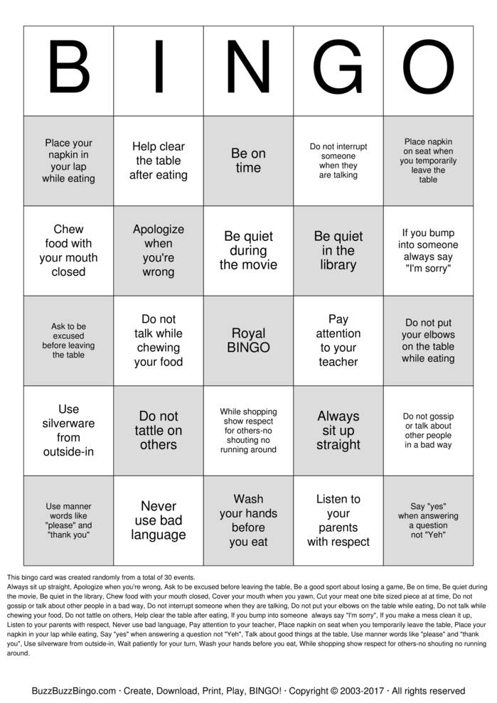 Manners Bingo Cards to Download, Print and Customize!