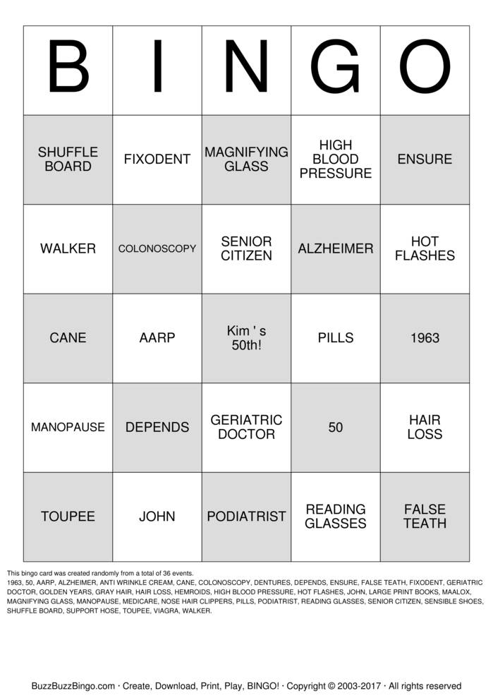 OVER THE HILL Bingo Cards to Download, Print and Customize!