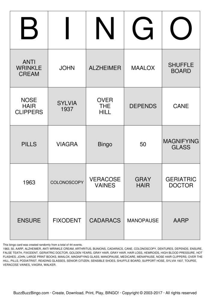 OVER THE HILL Bingo Cards to Download, Print and Customize!