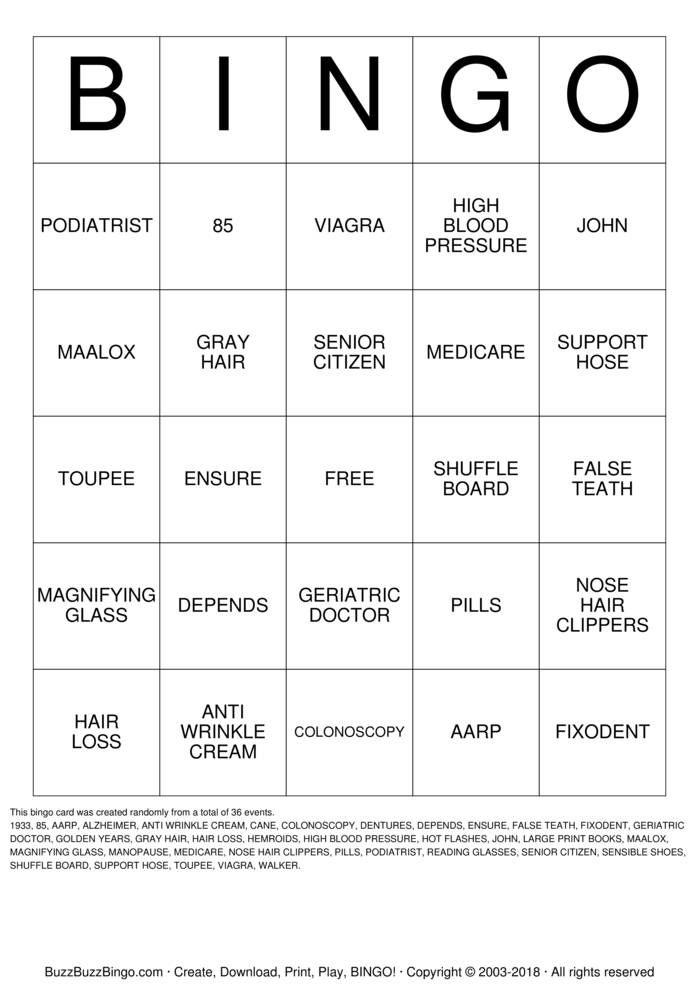 Download Free OVER THE HILL Bingo Cards