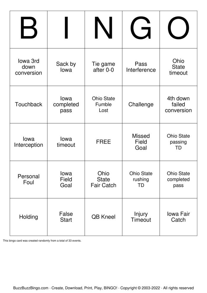 Ohio State vs Iowa Football Bingo Cards to Download, Print and Customize!