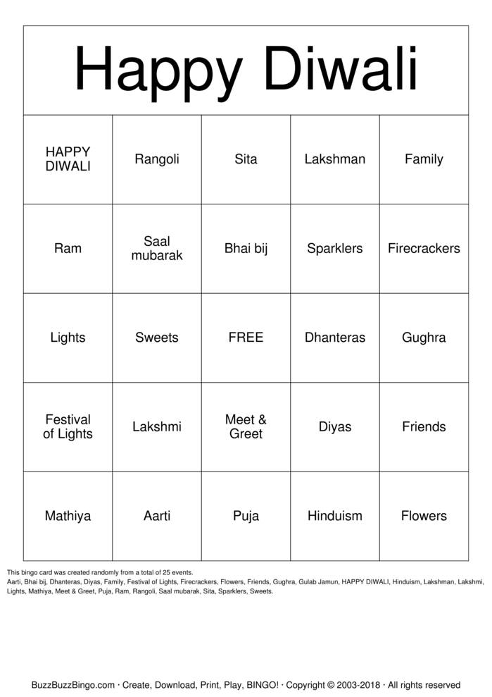 Saturday Night Diwali Bingo Bingo Cards to Download, Print and Customize!