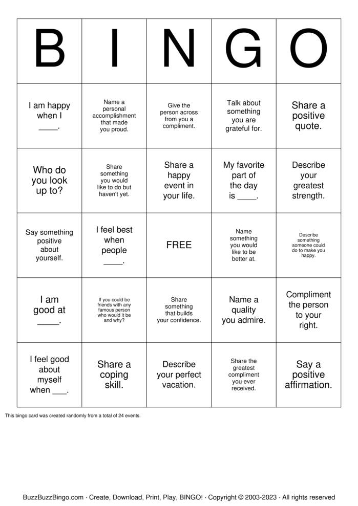 Self Esteem Bingo Cards to Download, Print and Customize!