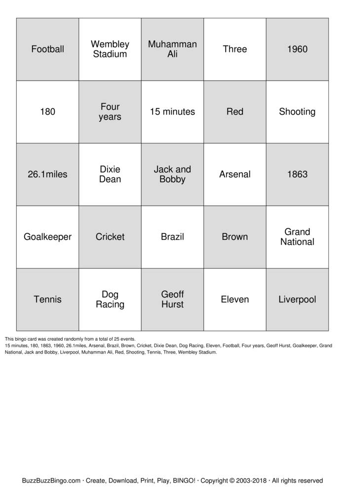 Sport Bingo Bingo Cards to Download, Print and Customize!