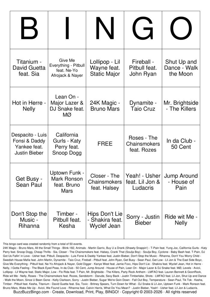 Download Free Spring Break Party Hits Top 50 Bingo Cards
