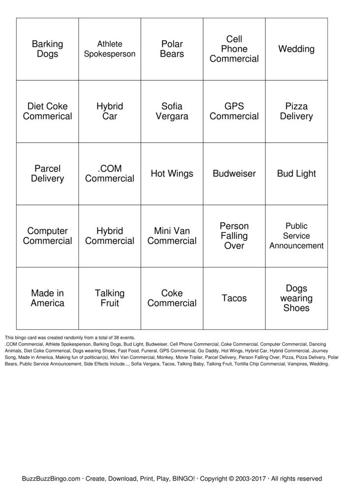 Superbowl Commercials Bingo Cards to Download, Print and Customize!