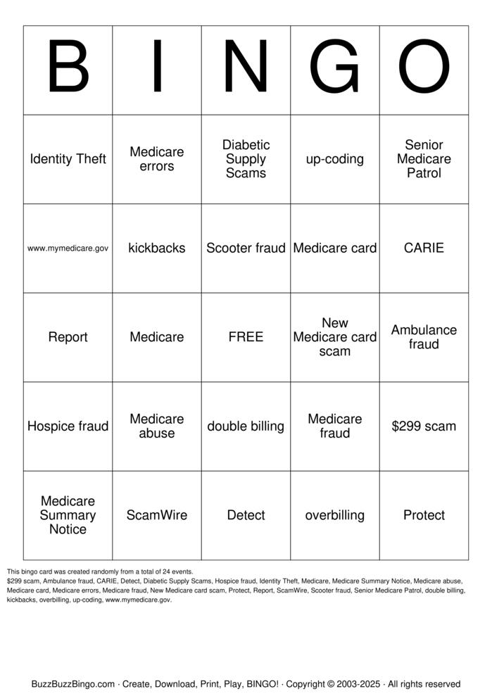 Download Free medicare card Bingo Cards