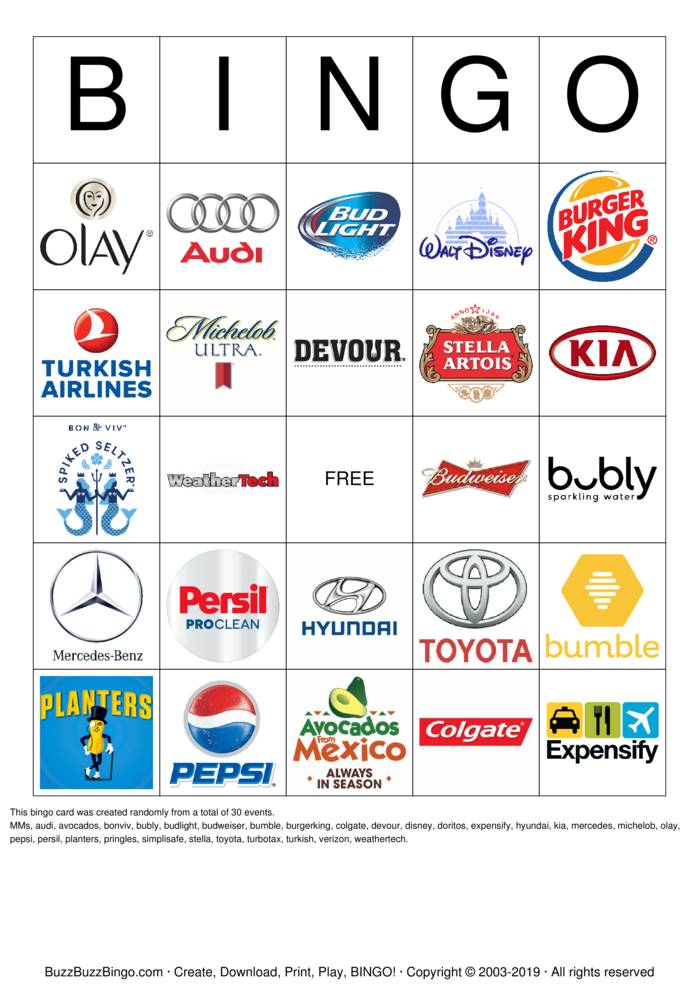 2019 Superbowl Commercial Logos Bingo Cards to Download, Print and ...
