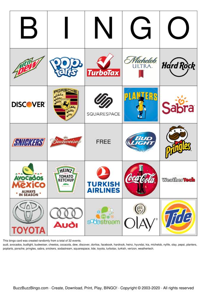2020 Superbowl Commercial Logos Bingo Cards to Download ...