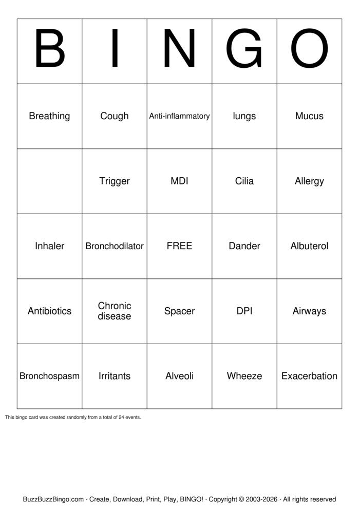 Download Free Asthma for kids  Bingo Cards