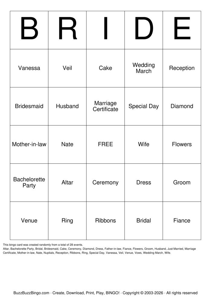Download Free Bridal Shower Bingo Cards