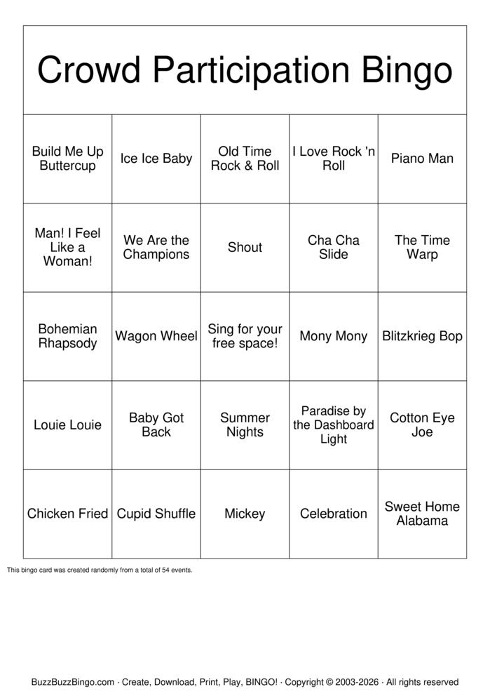 Download Free Crowd Participation  Bingo Cards