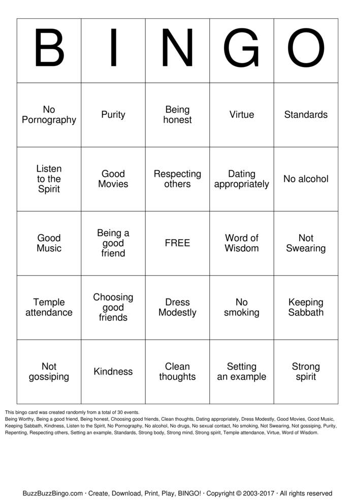 Download Free For Strength of Youth Bingo Cards